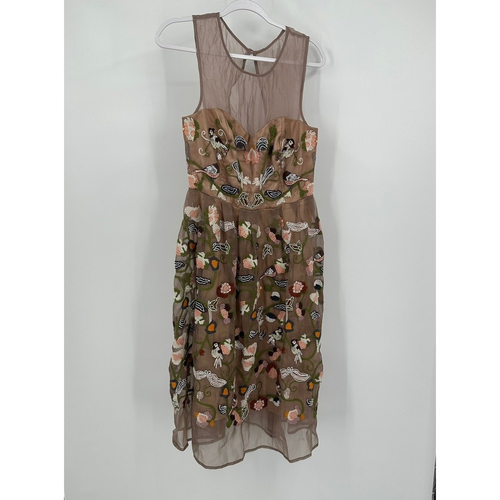 Moulinette Soeurs Anthropologie Bird Embroidered Beaded Midi Dress Size 10 Fairy